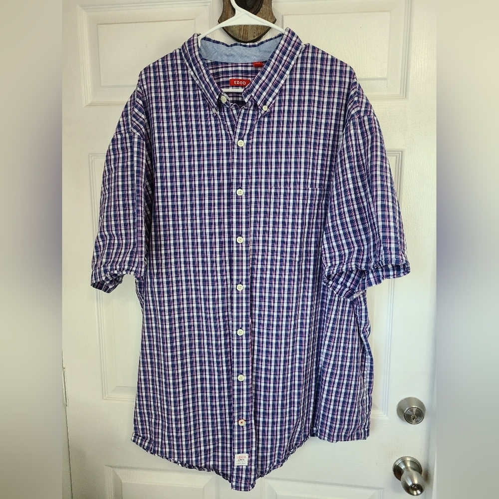 Izod Men's Classic Saltwater Short Sleeve Button Down Shirt, 3XL Color: Blue
